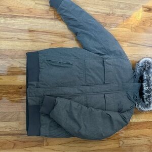 The North Face Men's Charcoal Bomber Jacket with Faux Fur Hood